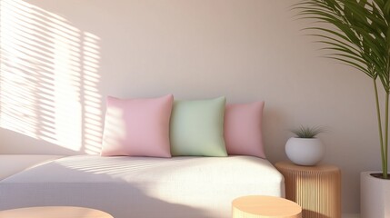 Modern living room with a white sofa in the center. the sofa has three throw pillows in different colors - pink, green, and light pink.