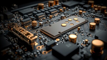 Close up Macro Shot of Gold Connectors and Electronic Components on a Motherboard