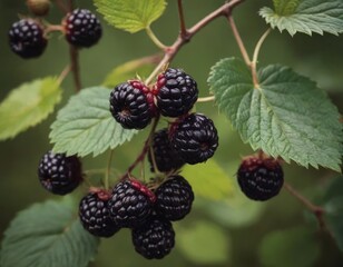 A cluster of ripe blackberries is hanging from a tree branch
