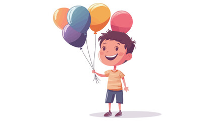 A digital illustration depicts a young boy with short brown hair, wearing a yellow and white striped t-shirt and dark shorts, smiling broadly while holding a bunch of four brightly colored