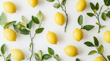 Bright Yellow Lemons Arranged With Green Leaves on a White Surface Showcase Vibrant Freshness and Natural Beauty in a Simple yet Elegant Display