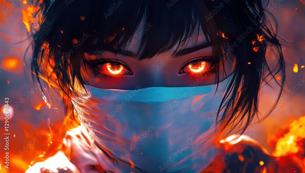 Poster intense gaze of a mysterious figure with fiery eyes surrounded by flames showing emotion and strengt