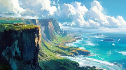 Coastal cliffs, green hills, ocean, and blue sky with fluffy clouds.