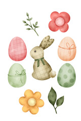 Easter collection of watercolor illustrations. Easter bunnies, colored eggs,  colorful flowers, twigs and leaves