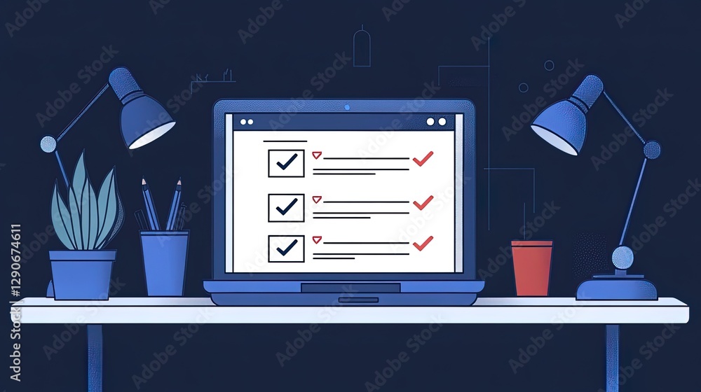 Poster laptop displaying a digital checklist with checkmarks, modern desk setup