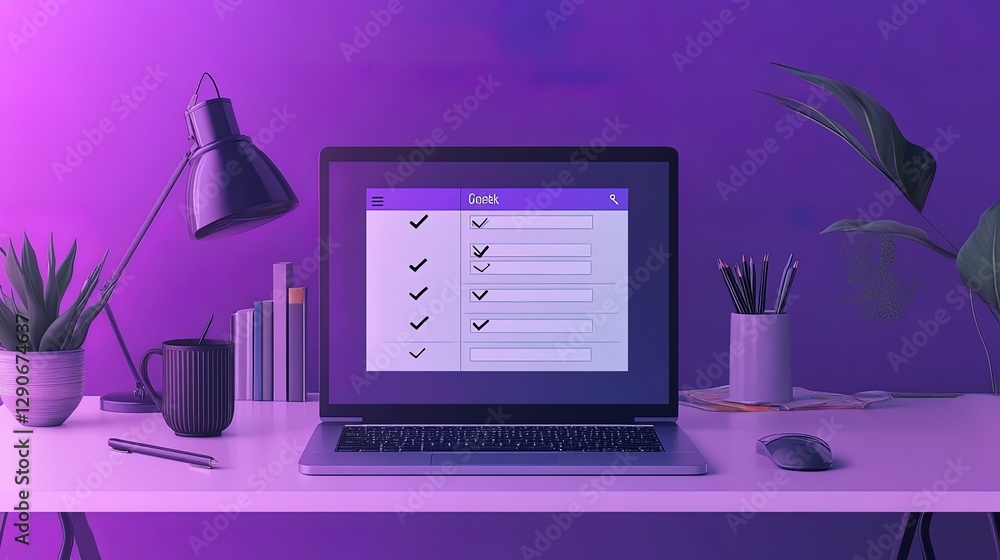 Poster laptop displaying a digital checklist with checkmarks, modern desk setup