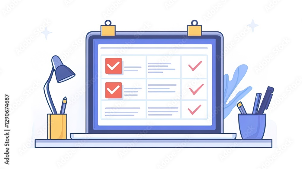 Poster laptop displaying a digital checklist with checkmarks, modern desk setup
