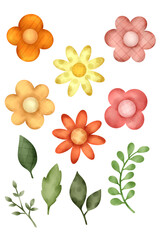 Easter collection of watercolor illustrations. Easter colorful flowers, twigs and leaves