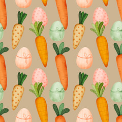 Seamless Easter pattern with carrots and colored eggs painted in watercolor
