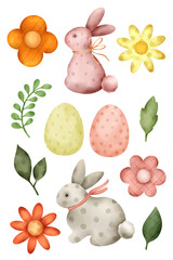 Easter collection of watercolor illustrations. Easter bunnies, colored eggs,  colorful flowers, twigs and leaves