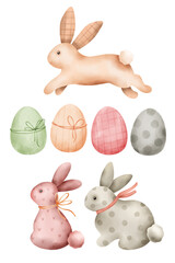 Easter collection of watercolor illustrations. Easter bunnies, colored eggs