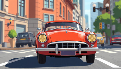 front view Classic red Car drive on a town Street in Motion