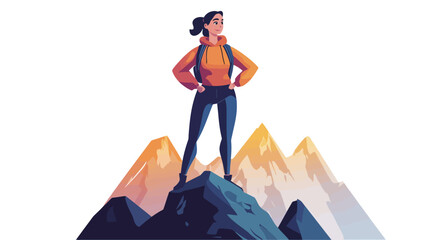 A vector illustration depicting a stylized woman with dark hair tied back, wearing an orange jacket and dark leggings, standing confidently on a rocky peak with her hands on her hips. The