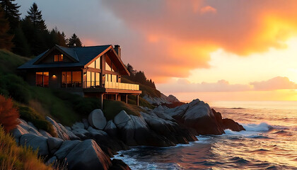 Oceanfront Luxury Home at Sunset, Pacific Northwest Elegance, modern luxury house near ocen, created with generative ai