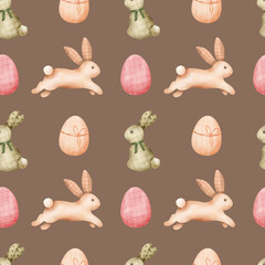 Seamless pattern with colorful Easter eggs and Easter bunnies, hand-painted in watercolor