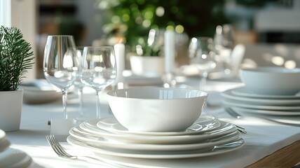 Fototapeta premium Elegant table setting with a white plate and bowl placed on a stylish table