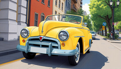 Yellow car is seen driving on a street, adding a splash of color to the surrounding urban landscape
