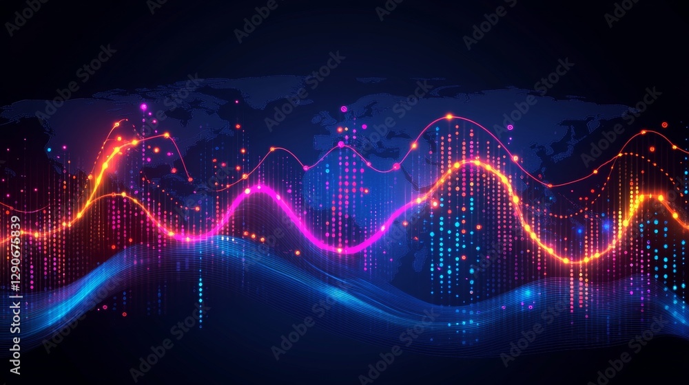 Poster global data visualization, abstract line graphs and data nodes, neon colors on dark blue