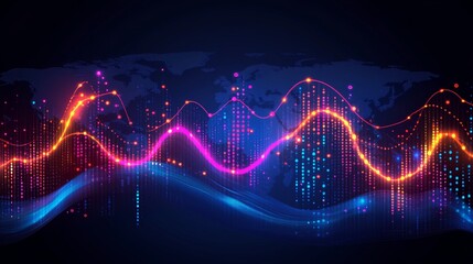 Global Data Visualization, Abstract Line Graphs and Data Nodes, Neon Colors on Dark Blue