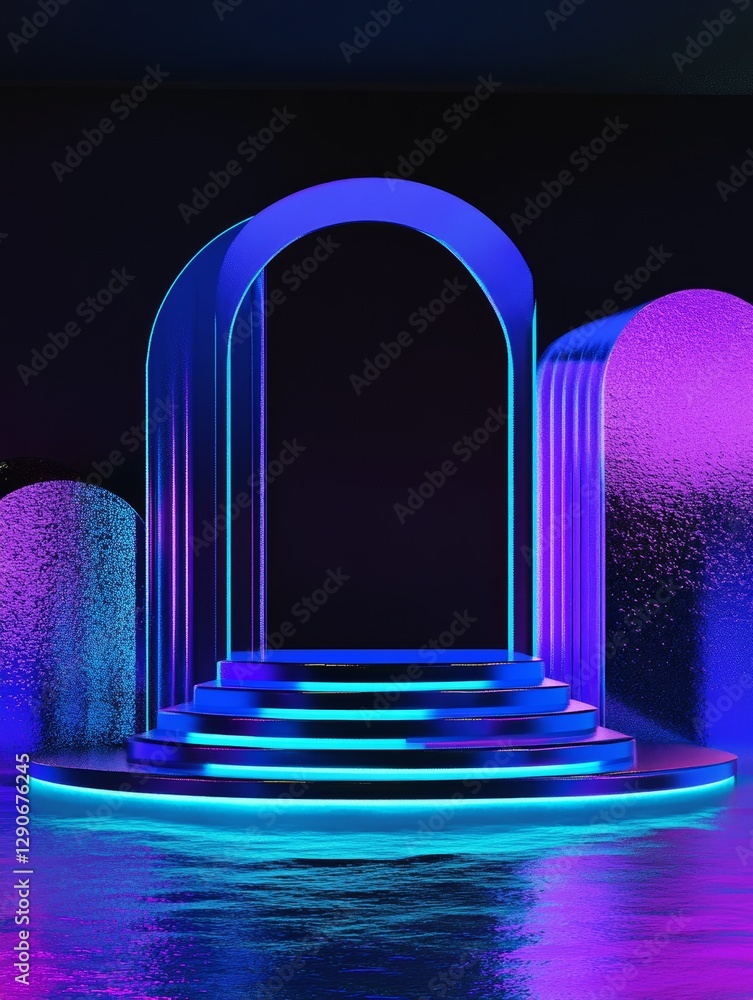 Poster vibrant neon archway with glowing lights and reflective floor in a darkened space, creating a captiv