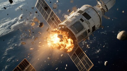Satellite explosion in orbit, with fiery debris scattering and pieces breaking apart.