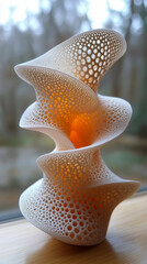 Abstract Sculpture: Delicate Swirls with Cellular Structure and Orange Illumination