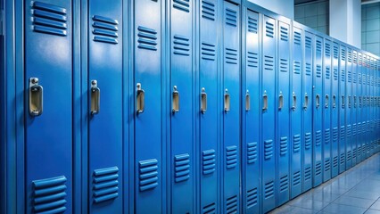 A row of blue school lockers with a door slightly ajar, revealing a glimpse of empty space inside , focus, study,  focus