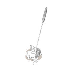 Tangerine and kiwi slices on the skewer with melted chocolate engraved hand drawn vector, sweet snack, fondue dessert