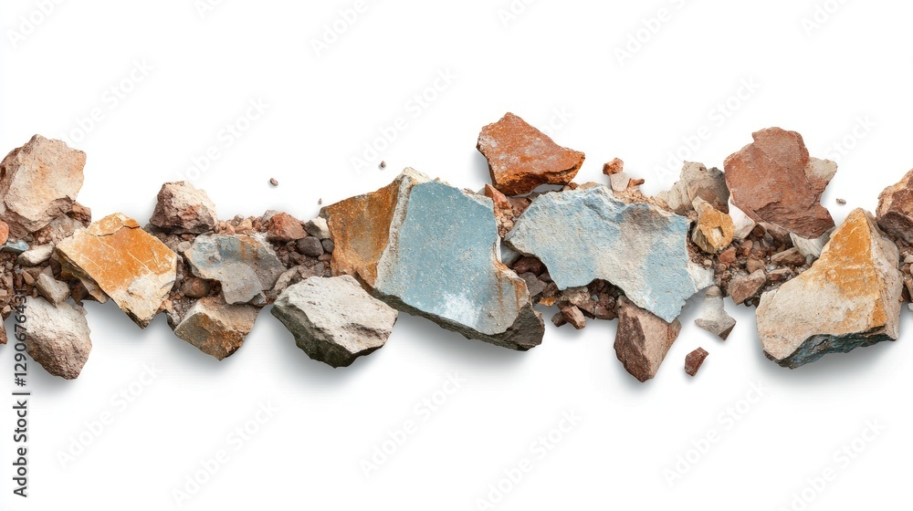 Aufkleber scattered broken concrete and rubble creating a textured debris background, isolated on a white surf