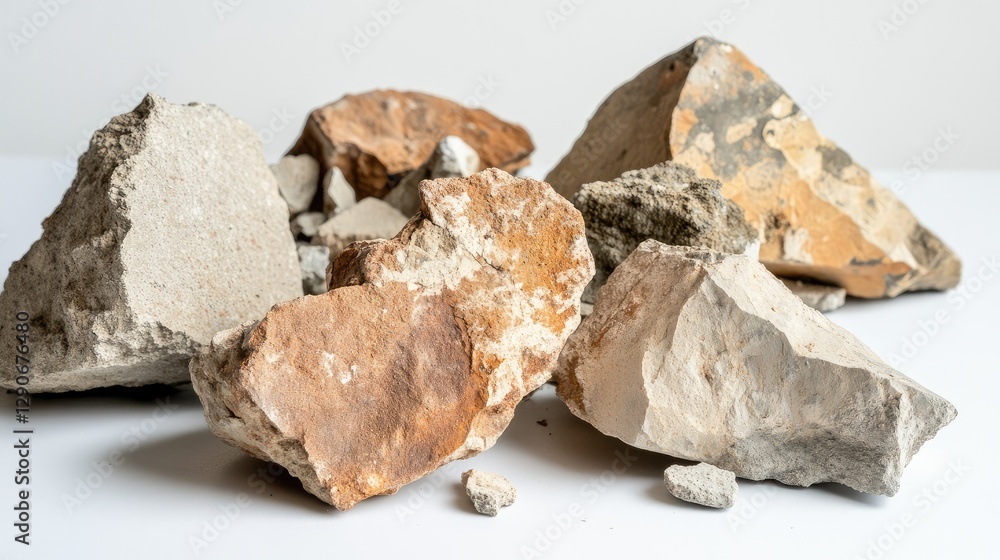 Poster scattered broken concrete and rubble creating a textured debris background, isolated on a white surf