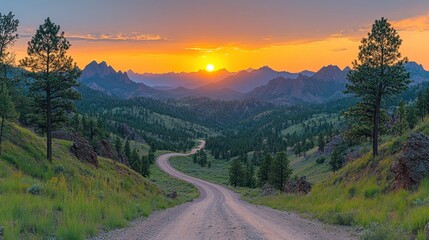 Scenic mountain sunset road vista