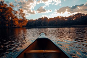 Fototapeta premium Serene Canoeing Adventure on Calm Lake Surrounded by Autumn Foliage