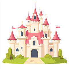 Naklejka premium An illustration of a colorful castle with multiple towers, blue and pink roofs, and small flags on top. It is interesting due to its fairy-tale-like design and vibrant colors.