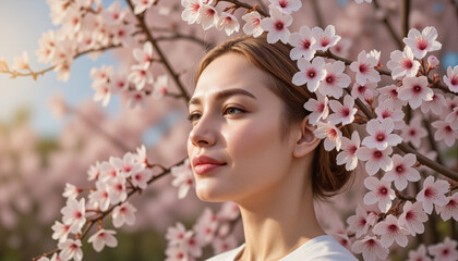 Fototapeta premium Serene woman with gentle expression surrounded by blooming cherry blossoms, evoking harmony and renewal