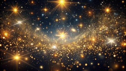 Dark mystical abstract background with intricate gold sparkles scattered in a chaotic pattern , universe, cosmic,  universe