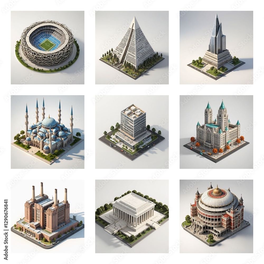 Poster this is a collection of famous landmark buildings. structures represent different architectural styl