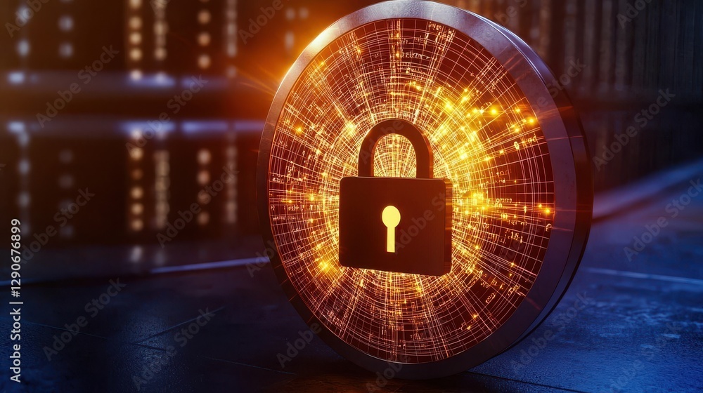 Poster a digital lock symbol on a glowing circular background, representing cybersecurity and data protecti