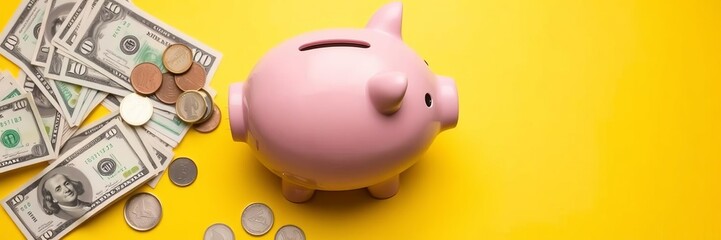 A yellow piggy bank on a bright yellow background surrounded by stacks of coins, symbolizing capital conservation in an economic crisis, yellow background, piggy bank, money management