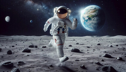 Obraz premium An astronaut runs on the lunar surface