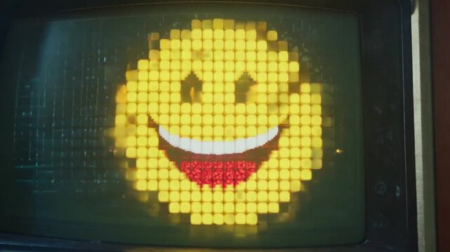 Pixels on a retro television turn into a smiley face