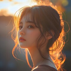 Golden Hour Portrait Young Asian Woman with Long Brunette Hair Beautiful Face