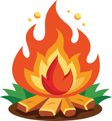 Warm and cozy burning bonfire clipart with wood on white background. Camping hot fireplace with animated fire flame and wood timber isometric vector illustration.
