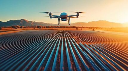 Drone Flying Over Agricultural Fields at Sunset