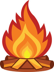 Warm and cozy burning bonfire clipart with wood on white background. Camping hot fireplace with animated fire flame and wood timber isometric vector illustration.