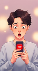 person with smartphone receiving alert, illustration with clean background, negative space for text, copy space