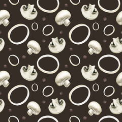 Champignon mushrooms, onion rings and black pepper. Watercolor seamless pattern on dark background for kitchen textile