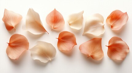 Delicate peach and cream flower petals arranged on white background