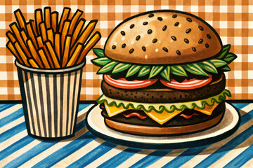 hamburger and french fries on funny background cartoon illustration fast food