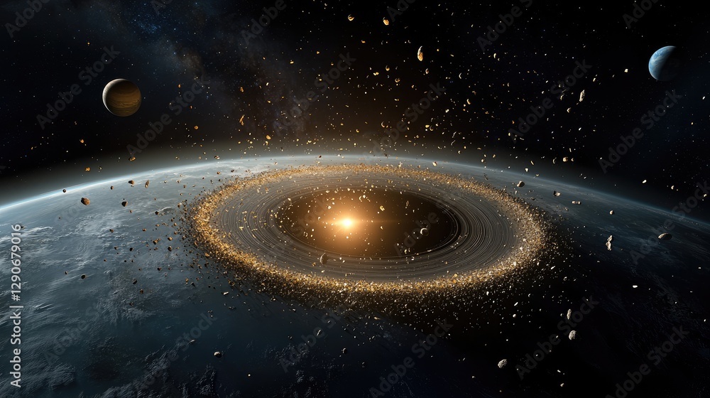 Poster view of earth's orbit filled with floating space debris, with distant planets in the background.