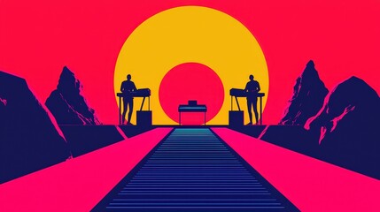 Naklejka premium Futuristic Landscape with Stylized Figures and Sun